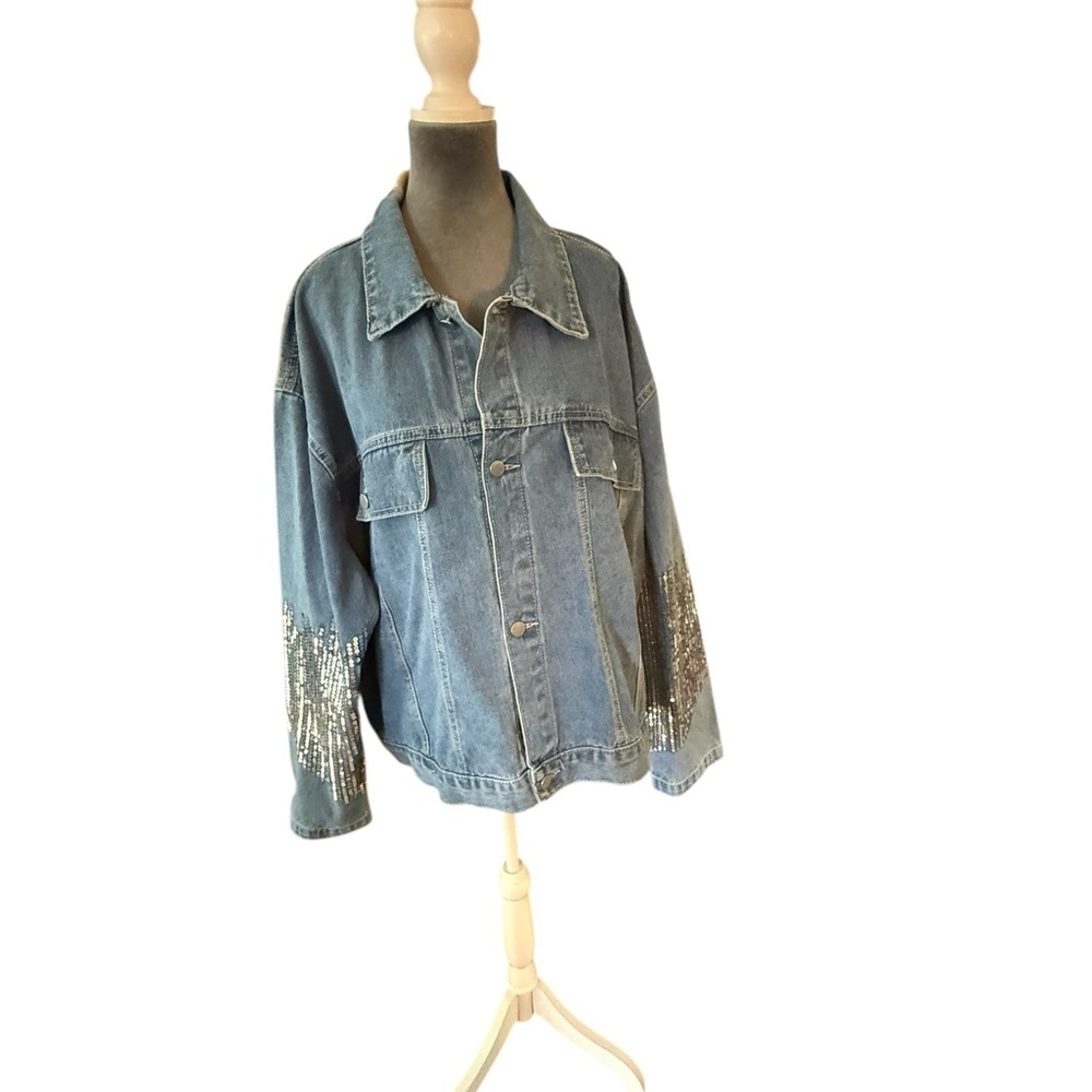 SHEIN Denim Jacket with Sparkling Silver Sleeves - Picture 10 of 13
